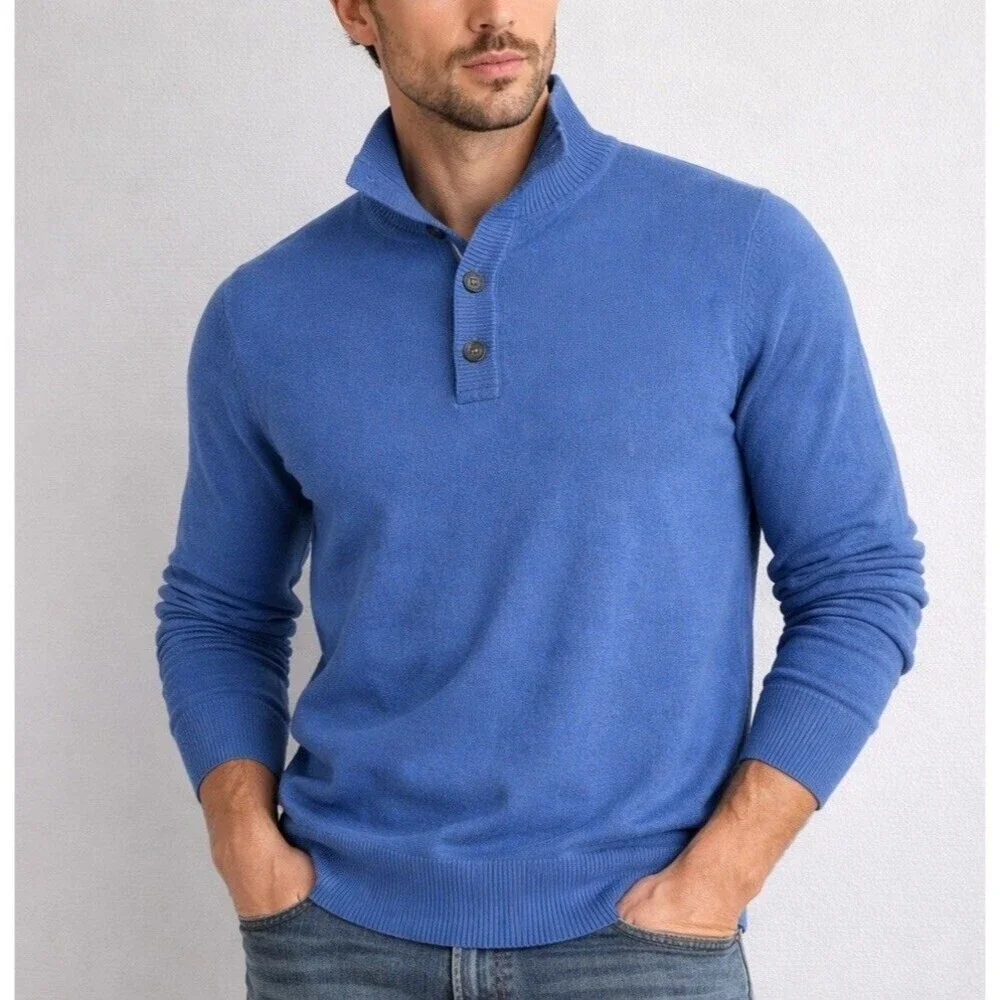 Banana Republic Men’s XL Blue Cotton Cashmere Mock Neck Button Preppy Sweater
